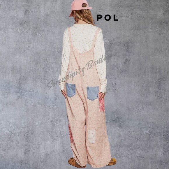 POL Farmers Suspender Overalls Wide Leg Floral Patchwork Denim Bib Overalls - Picture 5 of 11